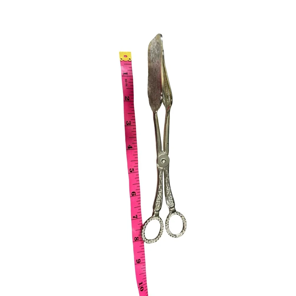 Vintage Ornate Silver Tone Scissor Style Pastry Serving Tongs 8.5 Inch